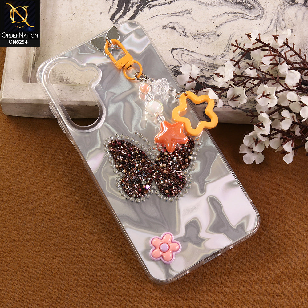 Samsung Galaxy M17 Cover -  Yellow - Neon Glitter Designer TPU Cover with Beaded Pendant and Flower Charms