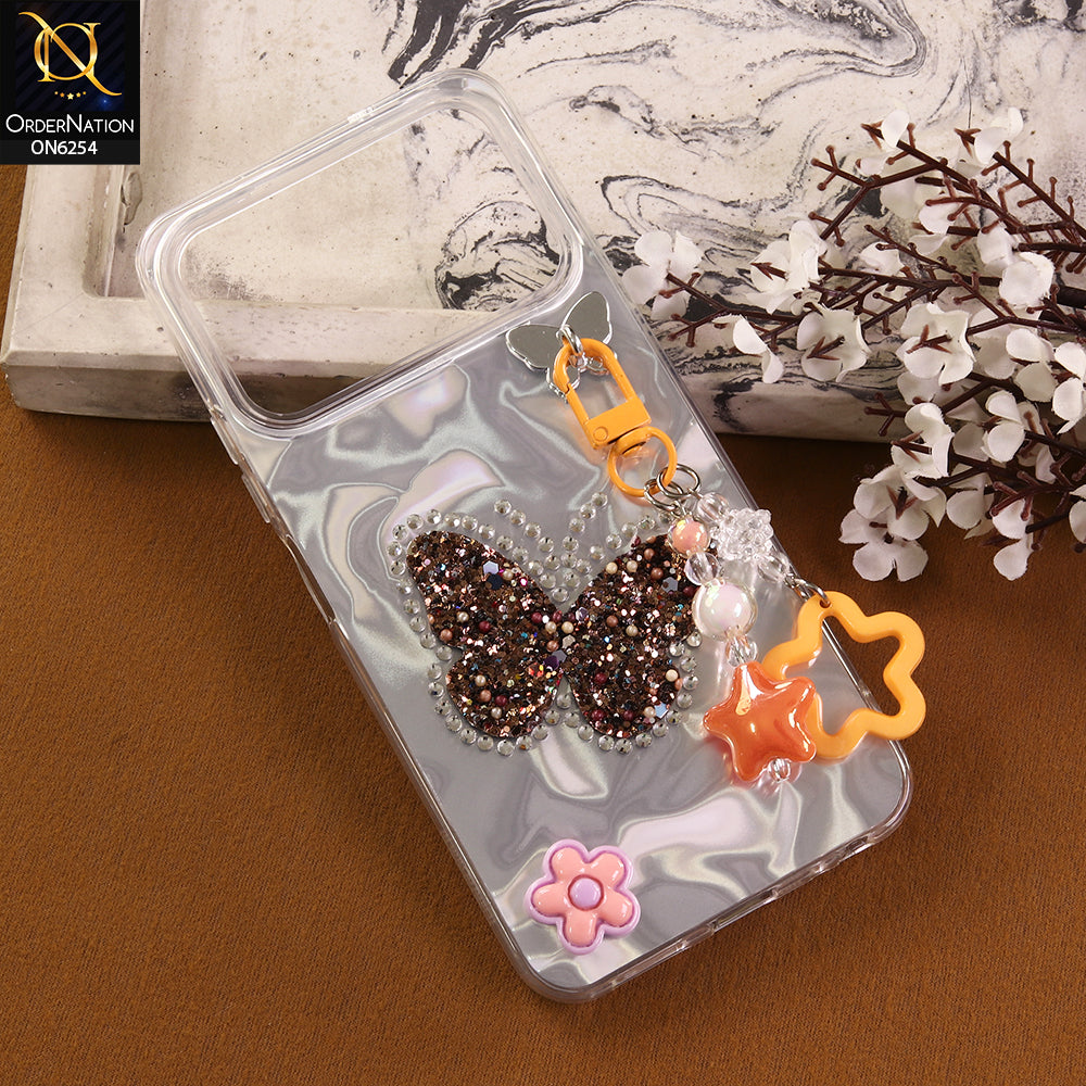 Tecno Spark 40 Cover -  Yellow - Neon Glitter Designer TPU Cover with Beaded Pendant and Flower Charms