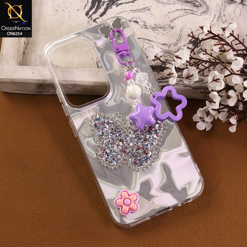 Tecno Spark 40 Pro Cover -  Purple - Neon Glitter Designer TPU Cover with Beaded Pendant and Flower Charms
