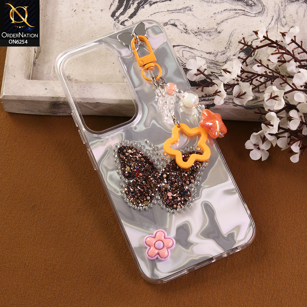 Tecno Spark 40 Pro Cover -  Yellow - Neon Glitter Designer TPU Cover with Beaded Pendant and Flower Charms