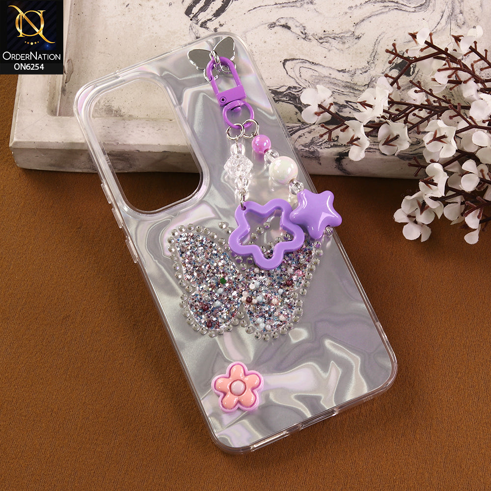 Tecno Spark 40 Pro Plus Cover -  Purple - Neon Glitter Designer TPU Cover with Beaded Pendant and Flower Charms