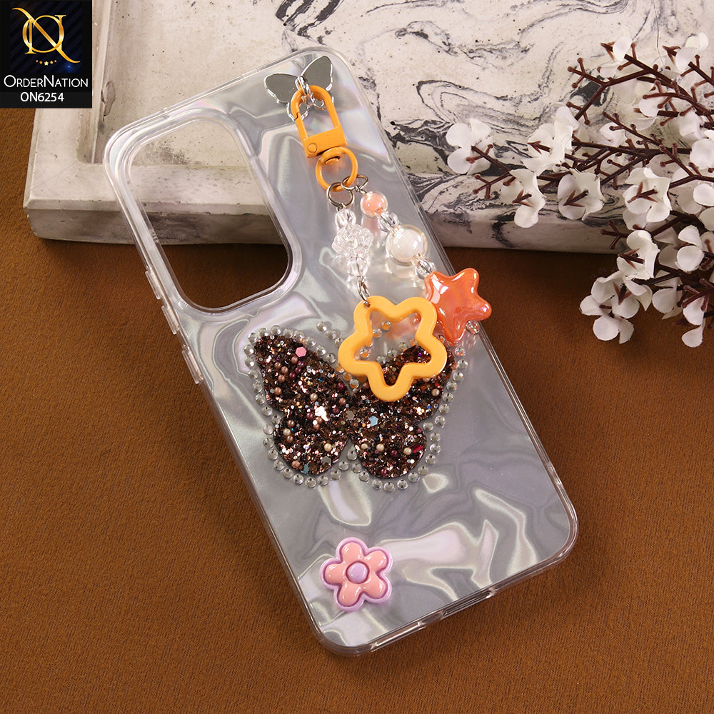 Tecno Spark 40 Pro Plus Cover -  Yellow - Neon Glitter Designer TPU Cover with Beaded Pendant and Flower Charms