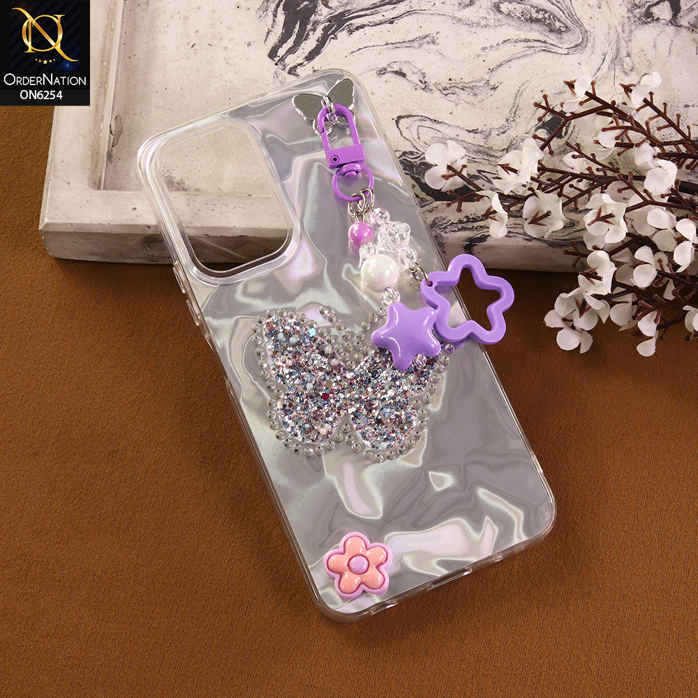 Vivo Y03 Cover -  Purple - Neon Glitter Designer TPU Cover with Beaded Pendant and Flower Charms