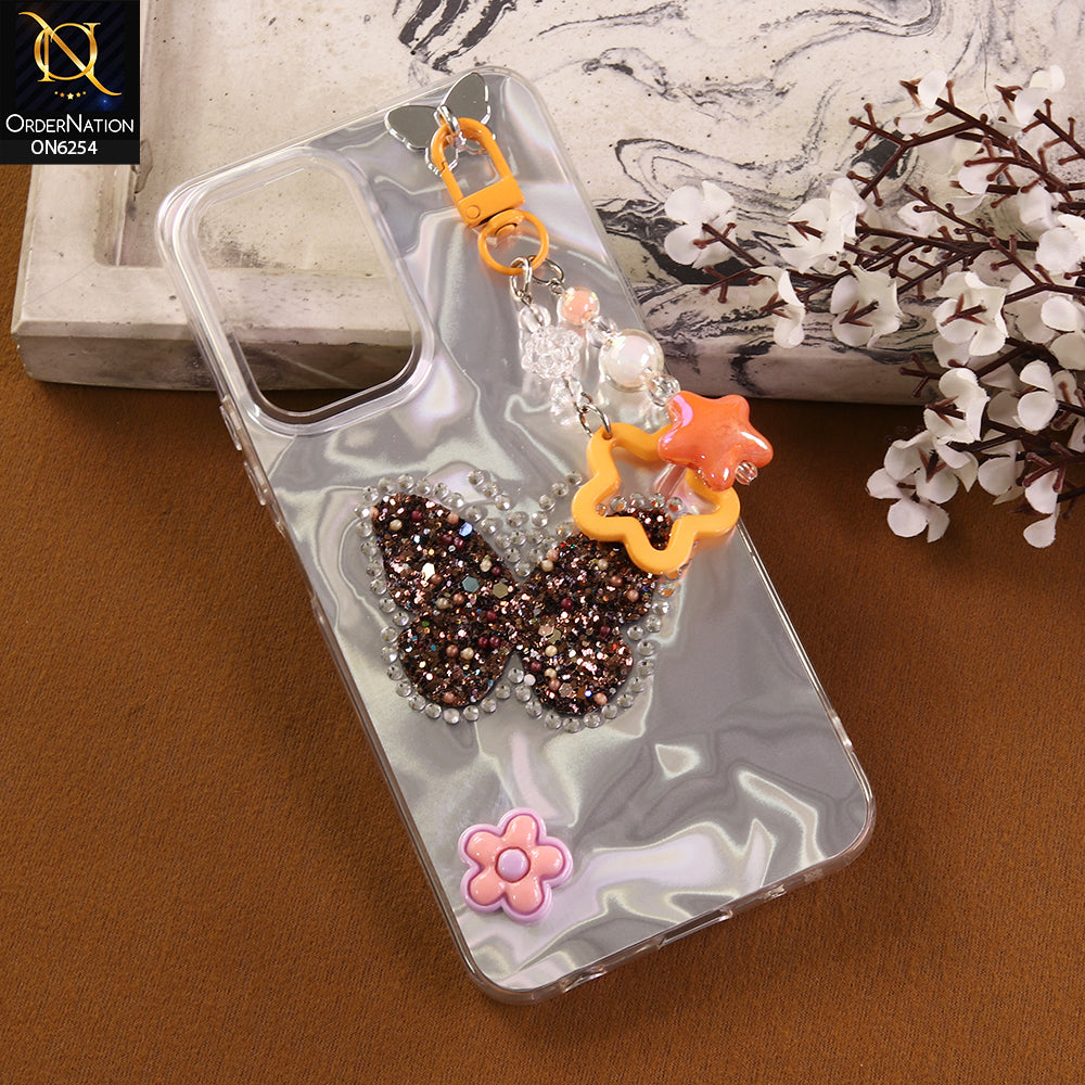Vivo Y03 Cover -  Yellow - Neon Glitter Designer TPU Cover with Beaded Pendant and Flower Charms