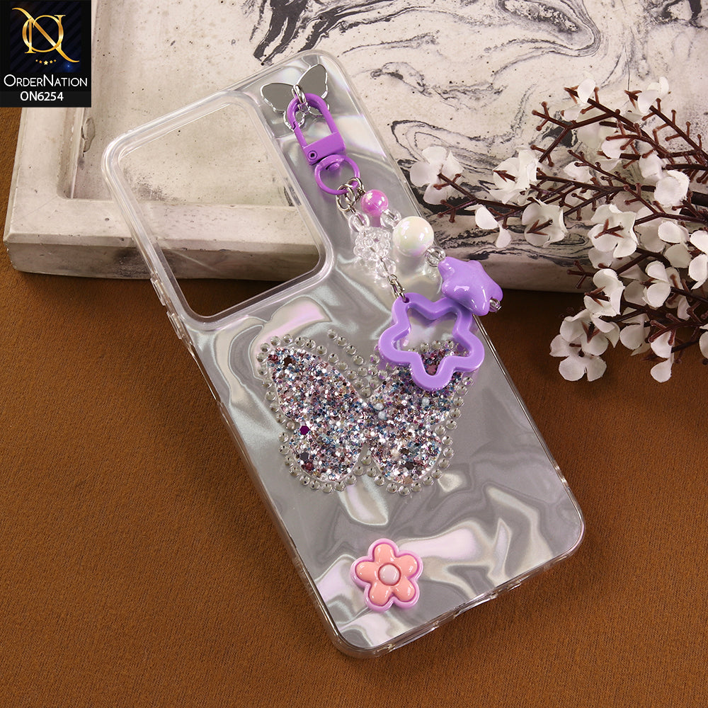 Vivo Y300t / Vivo T4x Cover -  Purple - Neon Glitter Designer TPU Cover with Beaded Pendant and Flower Charms