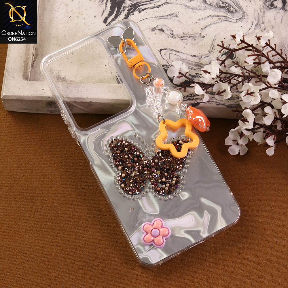 Vivo Y300t / Vivo T4x Cover -  Yellow - Neon Glitter Designer TPU Cover with Beaded Pendant and Flower Charms