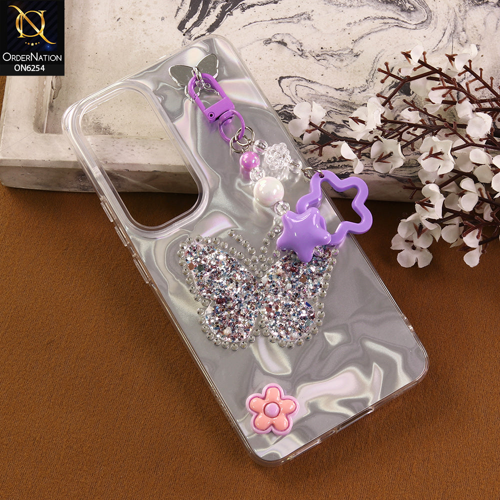Vivo Y400 4G Cover -  Purple - Neon Glitter Designer TPU Cover with Beaded Pendant and Flower Charms