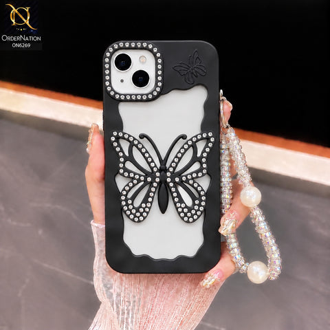 iPhone 13 Cover - Black - Rhinestone Butterfly Pearl Charm Phone Case