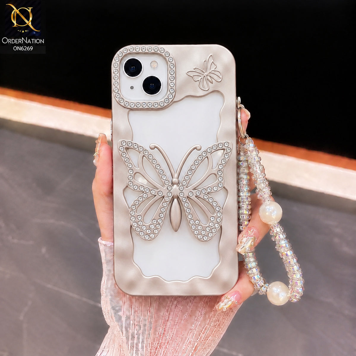 iPhone 14 Cover - Golden - Rhinestone Butterfly Pearl Charm Phone Case