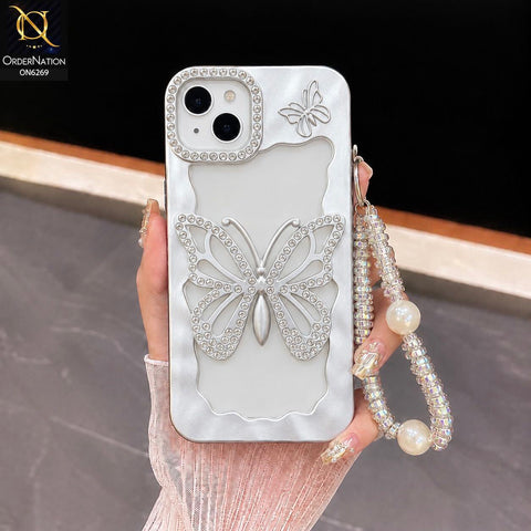 iPhone 13 Cover - Silver - Rhinestone Butterfly Pearl Charm Phone Case