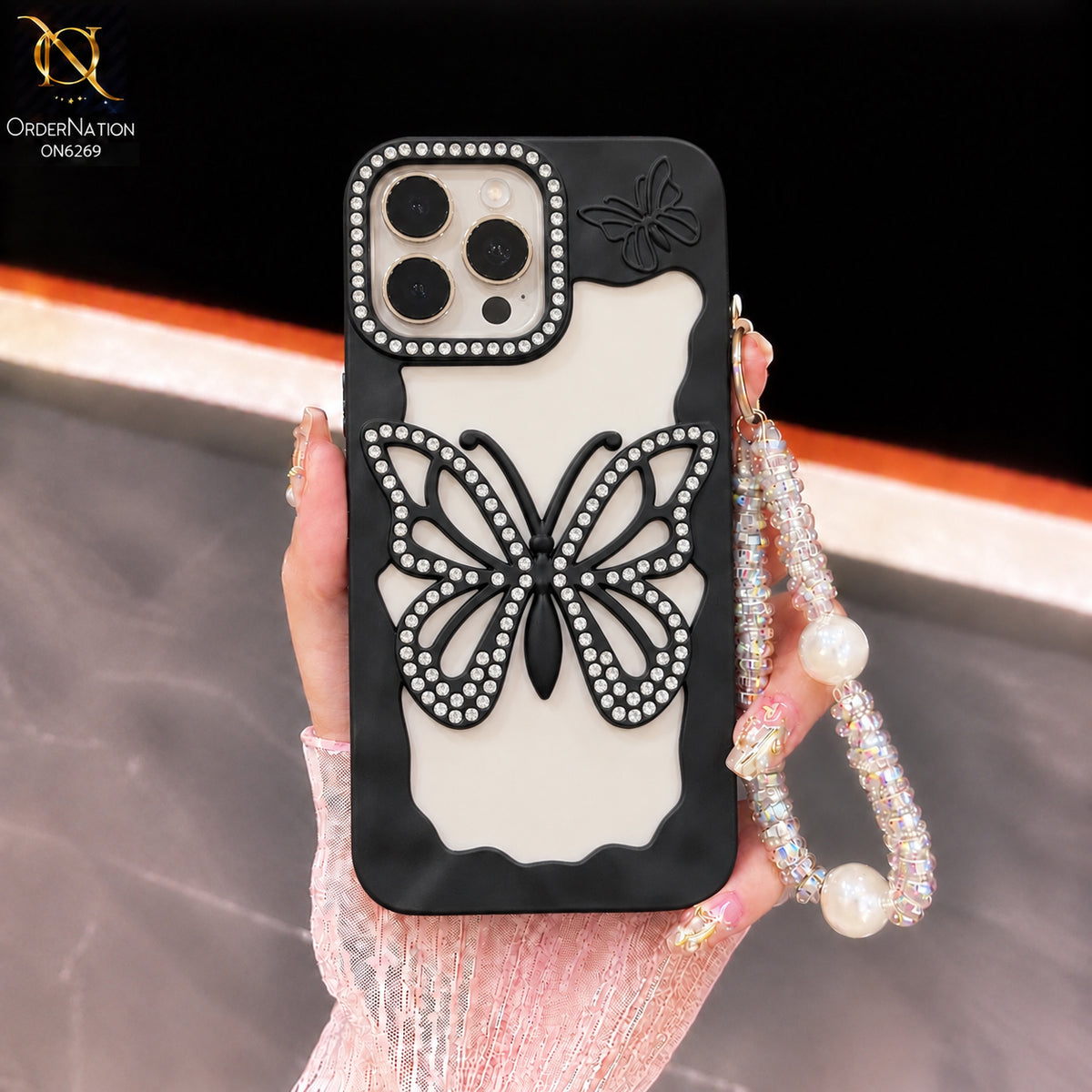 iPhone 14 Pro Max Cover - Black - Rhinestone Butterfly Pearl Charm Phone Case