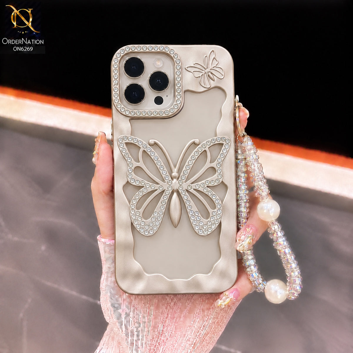 iPhone 14 Pro Max Cover - Golden - Rhinestone Butterfly Pearl Charm Phone Case