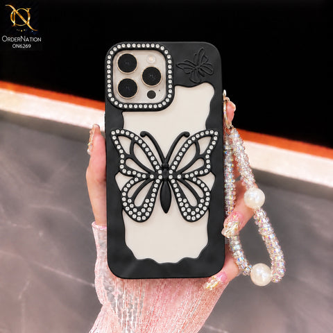 iPhone 16 Pro Max Cover - Black - Rhinestone Butterfly Pearl Charm Phone Case