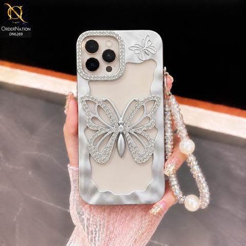 iPhone 16 Pro Max Cover - Silver - Rhinestone Butterfly Pearl Charm Phone Case