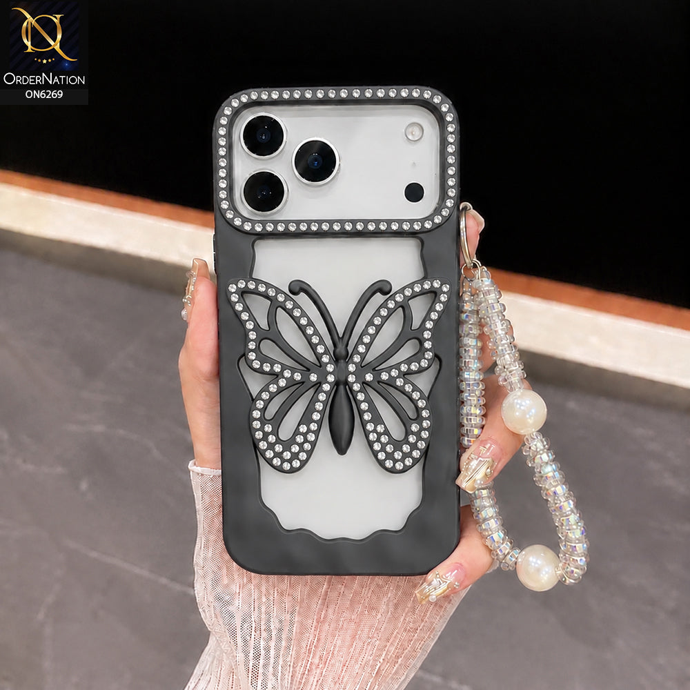 iPhone 17 Pro Max Cover - Black - Rhinestone Butterfly Pearl Charm Phone Case