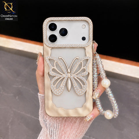 iPhone 18 Pro Max Cover - Golden - Rhinestone Butterfly Pearl Charm Phone Case