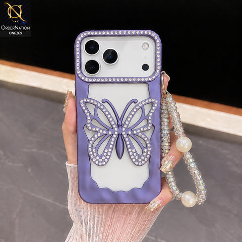 iPhone 17 Pro Max Cover - Purple - Rhinestone Butterfly Pearl Charm Phone Case