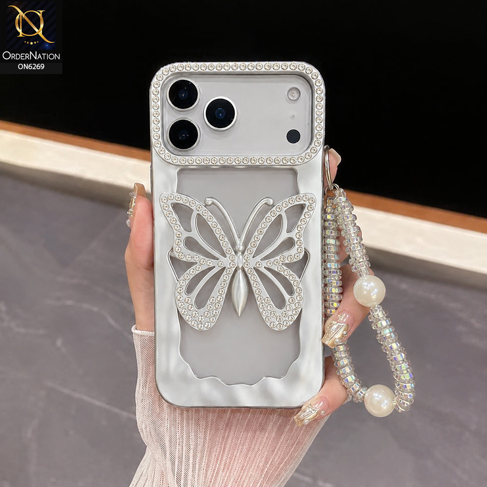 iPhone 17 Pro Max Cover - Silver - Rhinestone Butterfly Pearl Charm Phone Case