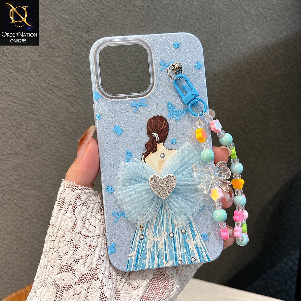 iPhone 14 Pro Max Cover - Sky Blue - Cute Glitter Phone Case with 3D Tulle Bow and Pearl Bead Chain