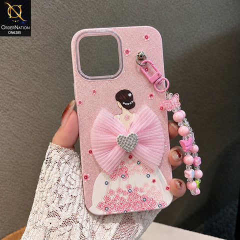 iPhone 15 Pro Max Cover - Pink - Cute Glitter Phone Case with 3D Tulle Bow and Pearl Bead Chain