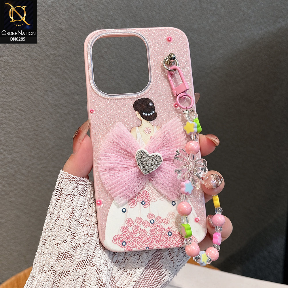 iPhone 16 Pro Max Cover - Pink - Cute Glitter Phone Case with 3D Tulle Bow and Pearl Bead Chain