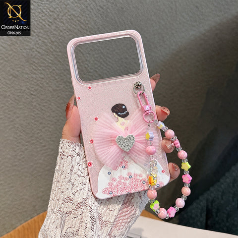 Xiaomi Poco C55 Cover - Pink - Cute Glitter Phone Case with 3D Tulle Bow and Pearl Bead Chain
