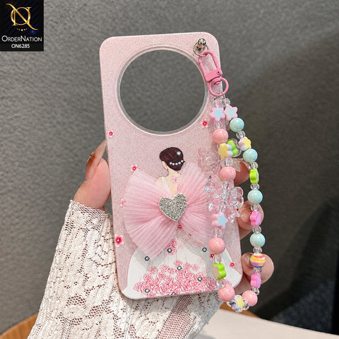 Xiaomi Redmi 14R Cover - Pink - Cute Glitter Phone Case with 3D Tulle Bow and Pearl Bead Chain