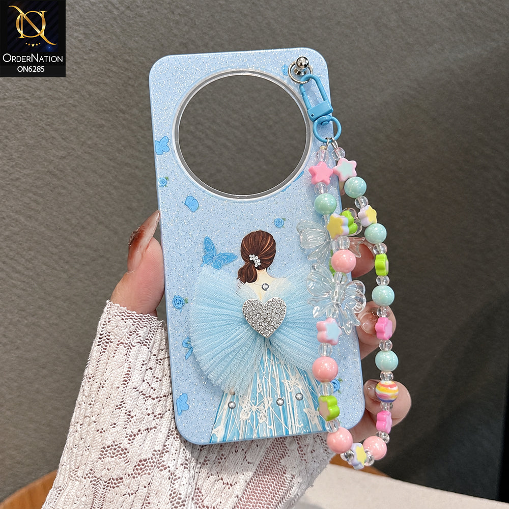 Xiaomi Redmi 14C Cover - Sky Blue - Cute Glitter Phone Case with 3D Tulle Bow and Pearl Bead Chain