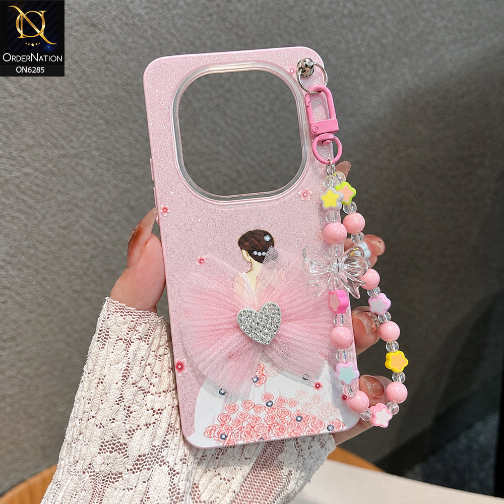 Xiaomi Redmi Note 15 Cover - Pink - Cute Glitter Phone Case with 3D Tulle Bow and Pearl Bead Chain