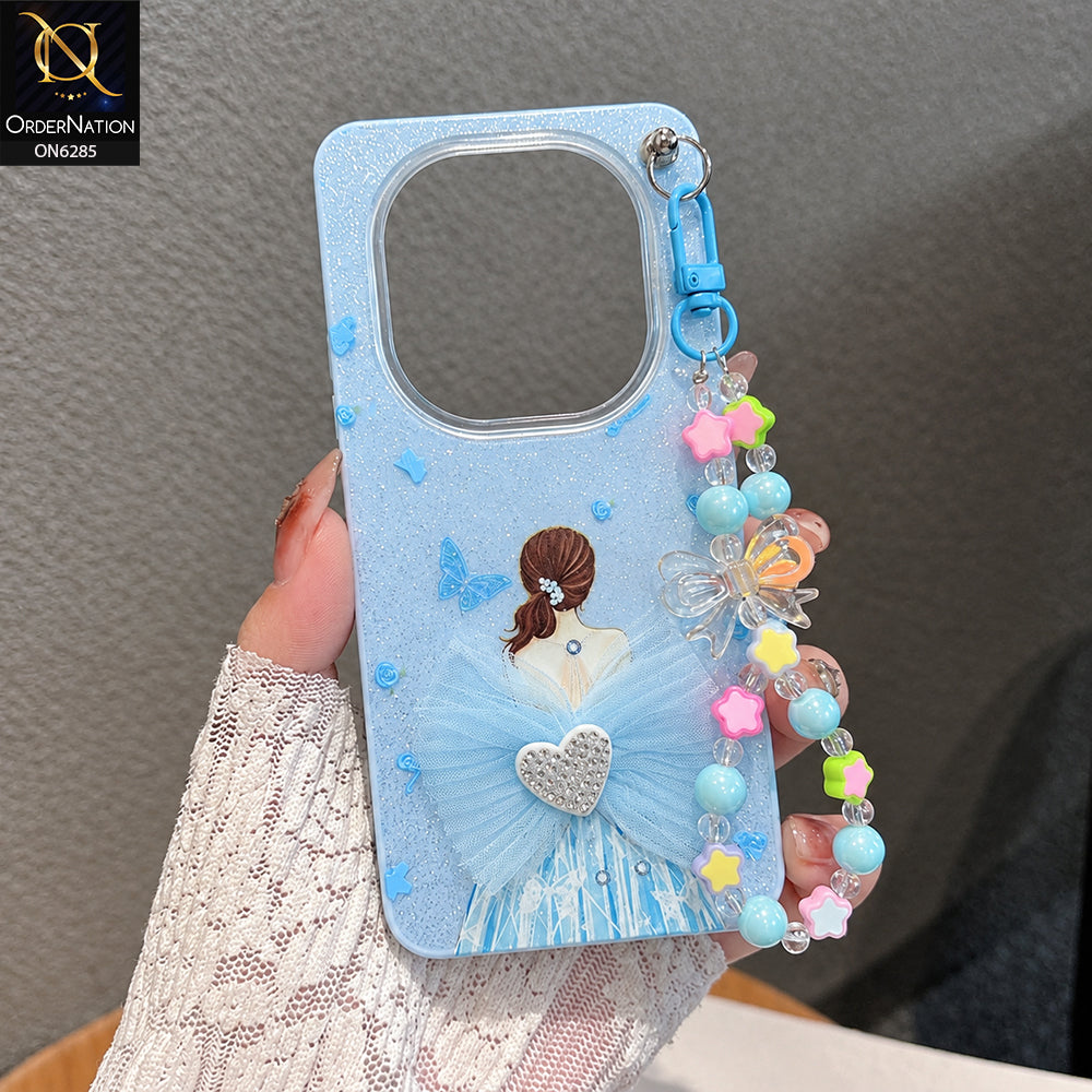 Xiaomi Poco M8 Cover - Sky Blue - Cute Glitter Phone Case with 3D Tulle Bow and Pearl Bead Chain