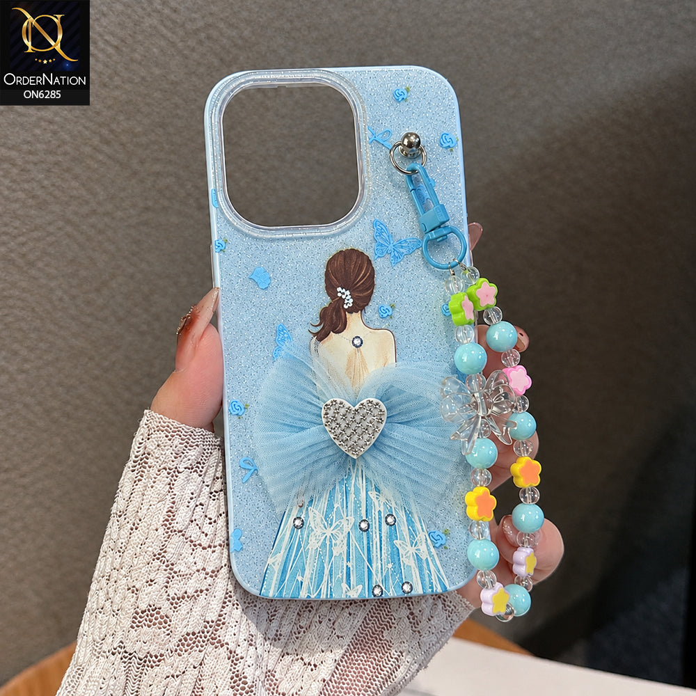 Oppo Reno 15F Cover - Sky Blue - Cute Glitter Phone Case with 3D Tulle Bow and Pearl Bead Chain