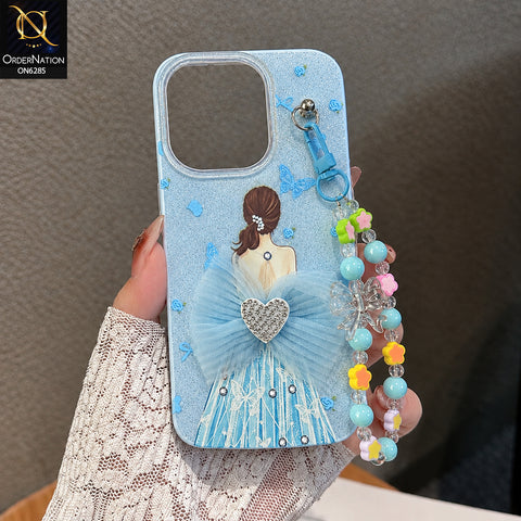 Oppo Reno 15F Cover - Sky Blue - Cute Glitter Phone Case with 3D Tulle Bow and Pearl Bead Chain
