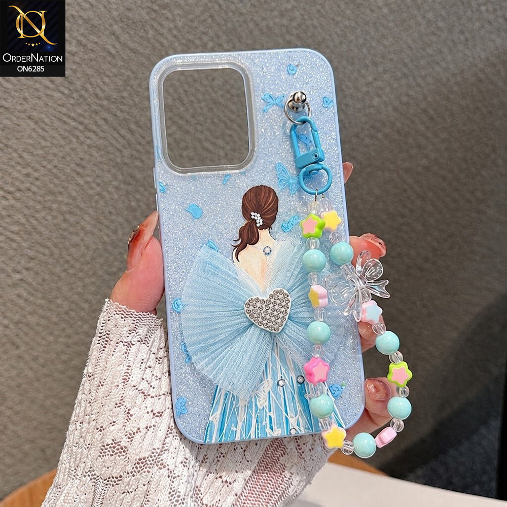 Samsung Galaxy A06 Cover - Sky Blue - Cute Glitter Phone Case with 3D Tulle Bow and Pearl Bead Chain