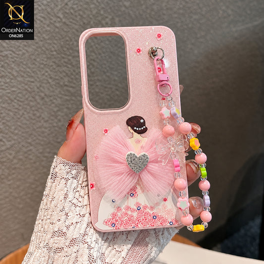 Samsung Galaxy A16 Cover - Pink - Cute Glitter Phone Case with 3D Tulle Bow and Pearl Bead Chain