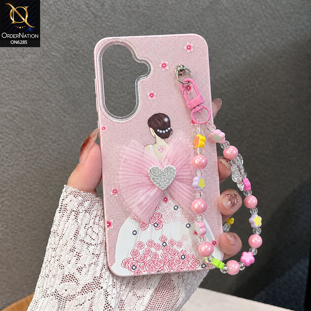 Samsung Galaxy A27 5G  Cover - Pink - Cute Glitter Phone Case with 3D Tulle Bow and Pearl Bead Chain