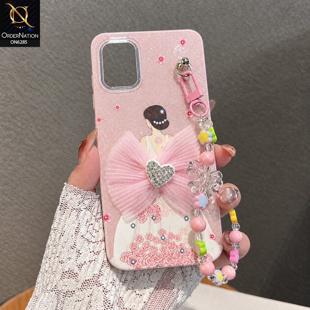 Samsung Galaxy A51 Cover - Pink - Cute Glitter Phone Case with 3D Tulle Bow and Pearl Bead Chain