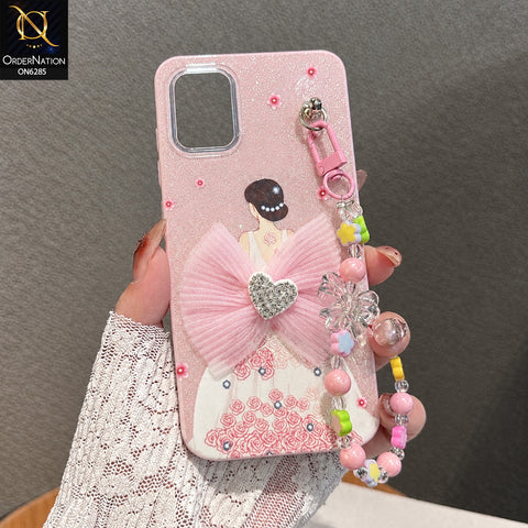 Samsung Galaxy A51 Cover - Pink - Cute Glitter Phone Case with 3D Tulle Bow and Pearl Bead Chain