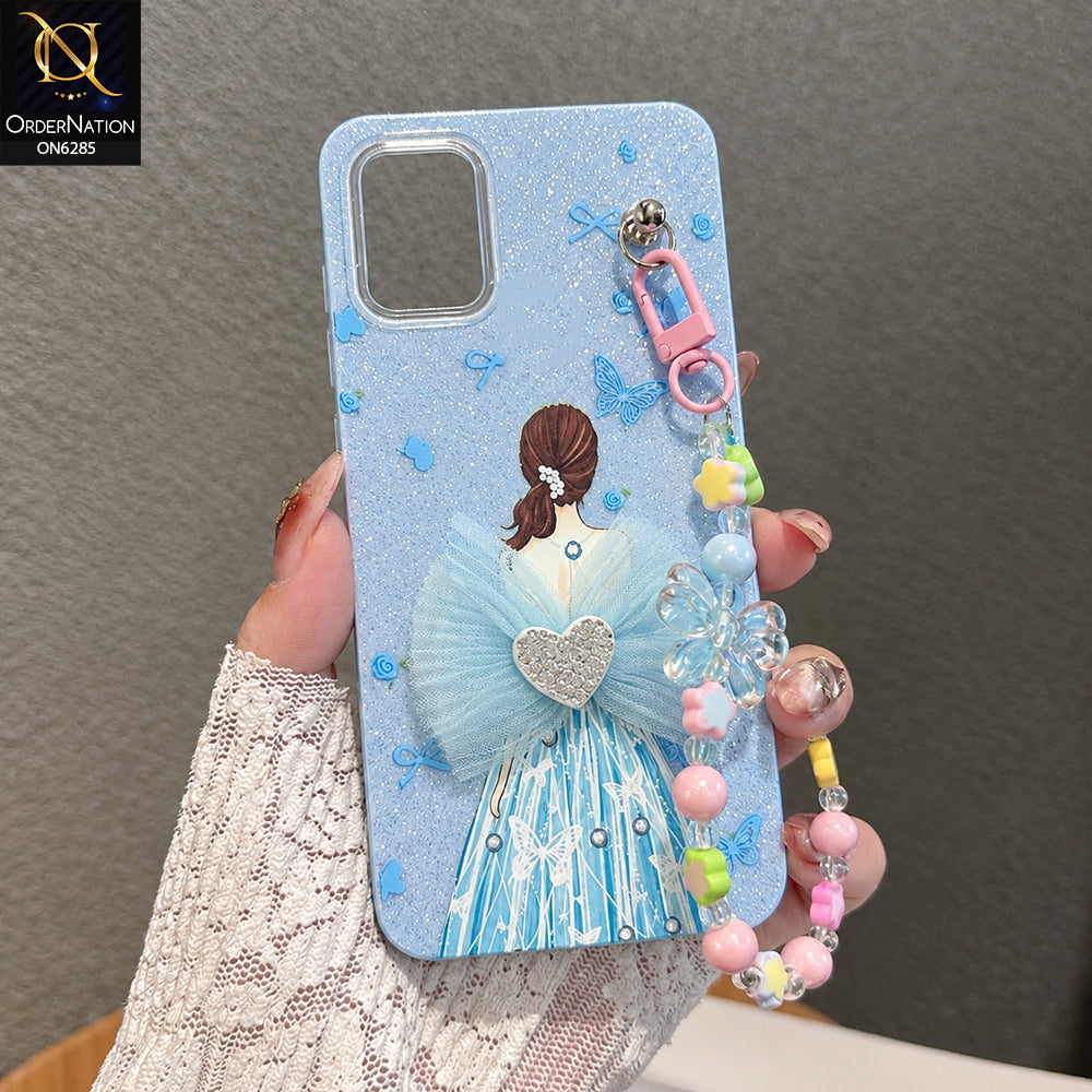 Samsung Galaxy A51 Cover - Sky Blue - Cute Glitter Phone Case with 3D Tulle Bow and Pearl Bead Chain