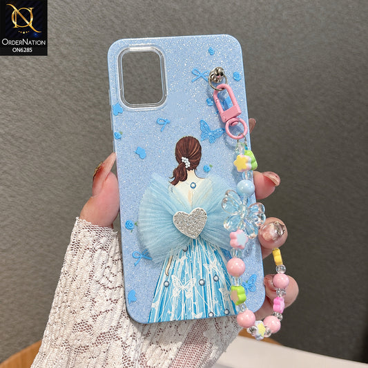 Samsung Galaxy A51 Cover - Sky Blue - Cute Glitter Phone Case with 3D Tulle Bow and Pearl Bead Chain