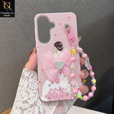 Samsung Galaxy A57 Cover - Pink - Cute Glitter Phone Case with 3D Tulle Bow and Pearl Bead Chain
