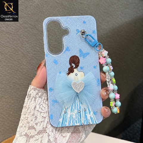 Samsung Galaxy A57 Cover - Sky Blue - Cute Glitter Phone Case with 3D Tulle Bow and Pearl Bead Chain