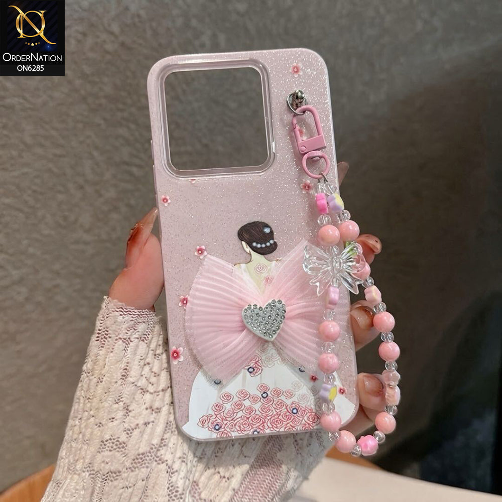 Infinix Smart 9 HD Cover - Pink - Cute Glitter Phone Case with 3D Tulle Bow and Pearl Bead Chain