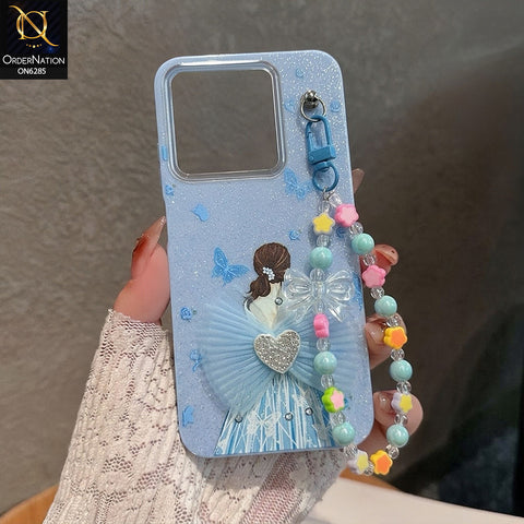 Infinix Smart 9 Cover - Sky Blue - Cute Glitter Phone Case with 3D Tulle Bow and Pearl Bead Chain
