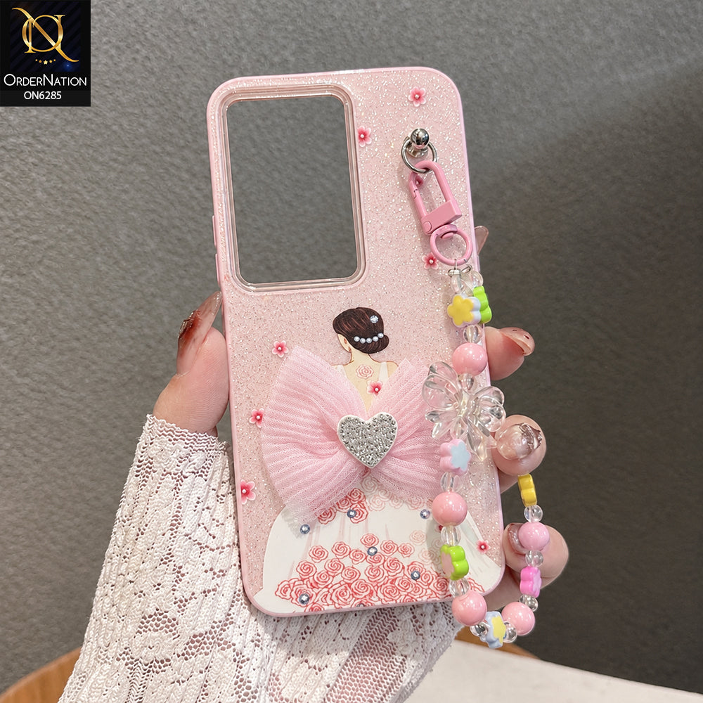 Xiaomi Redmi 15 4G Cover - Pink - Cute Glitter Phone Case with 3D Tulle Bow and Pearl Bead Chain