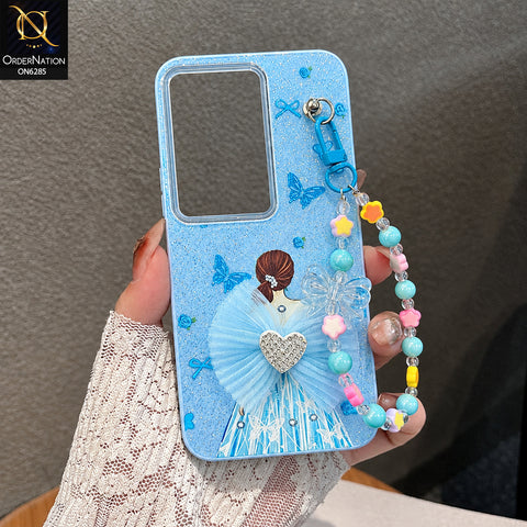Xiaomi Redmi 15 4G Cover - Sky Blue - Cute Glitter Phone Case with 3D Tulle Bow and Pearl Bead Chain