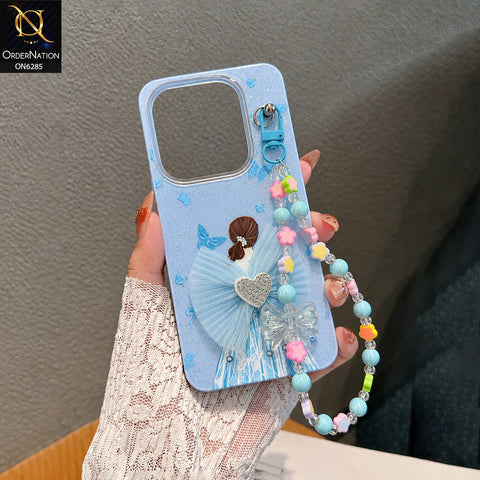 Vivo Y05 Cover - Sky Blue - Cute Glitter Phone Case with 3D Tulle Bow and Pearl Bead Chain