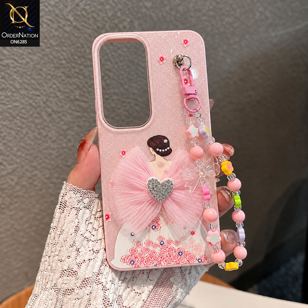Vivo Y19 Cover - Pink - Cute Glitter Phone Case with 3D Tulle Bow and Pearl Bead Chain