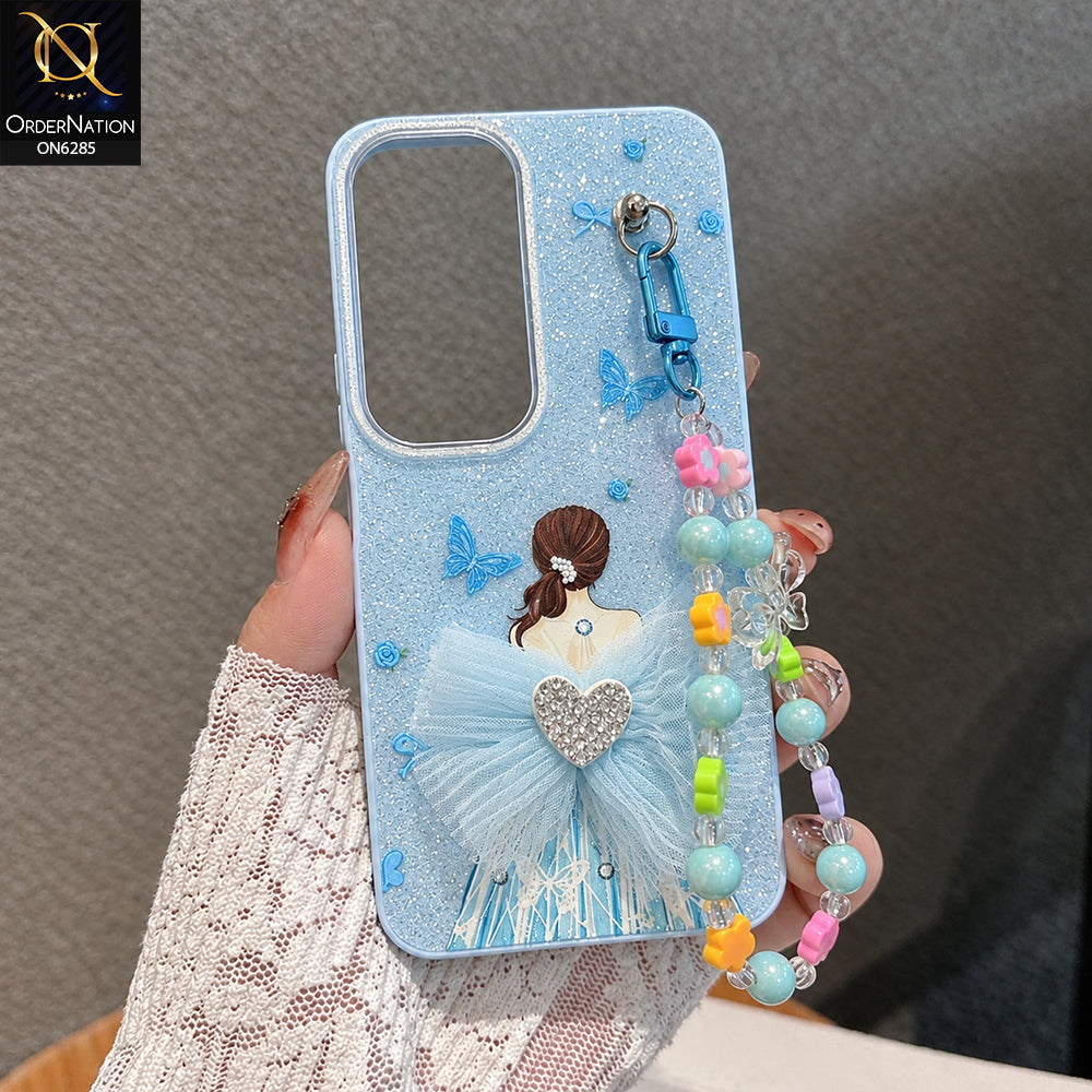 Vivo Y19 Cover - Sky Blue - Cute Glitter Phone Case with 3D Tulle Bow and Pearl Bead Chain