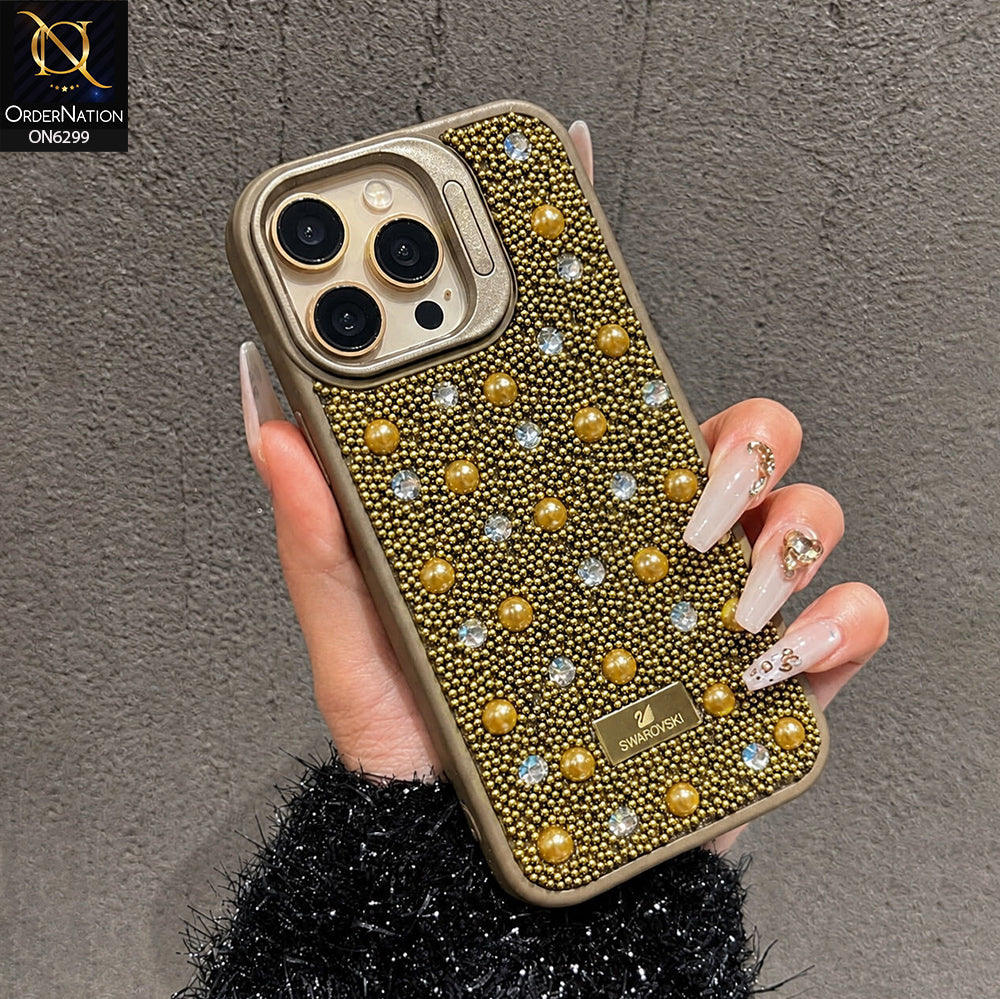 iPhone 16 Pro Max Cover - Golden - Luxury Crystal Beaded Phone Case with Rhinestone Embellishments, Premium Protective Cover with Camera Lens Guard