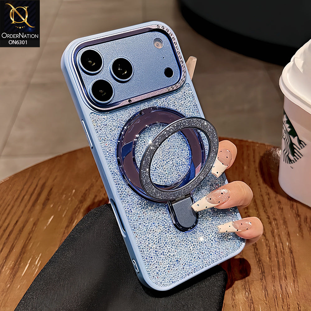 iPhone 18 Pro Max Cover - Blue - Glitter Textured Protective Phone Case with 360° Rotating Ring Holder, Rhinestone Camera Protection & Shockproof Bumper